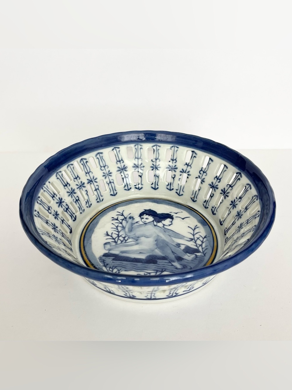 Vintage Hand Painted Chinese Blue White Porcelain Basket Bowl Children Nature